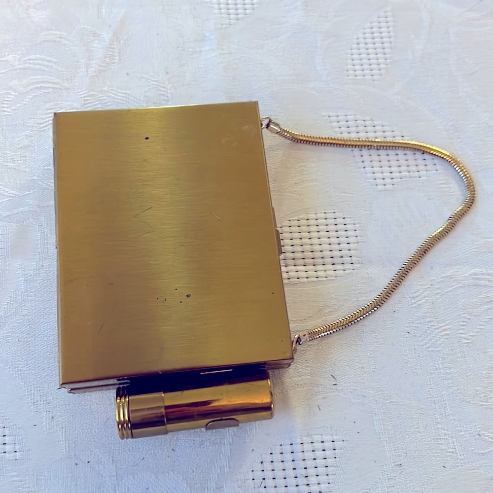 Vintage gold dance case clutch purse with lipstick holder, compact, clip, comb